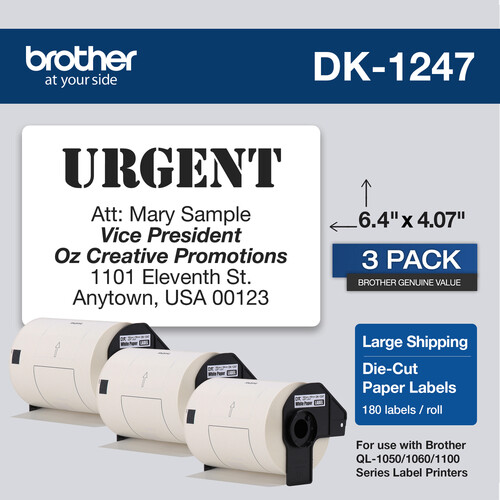 Brother DK1247 Large Shipping White Paper Labels (180 Labels, 4.07 x 6.4", 3-Pack)