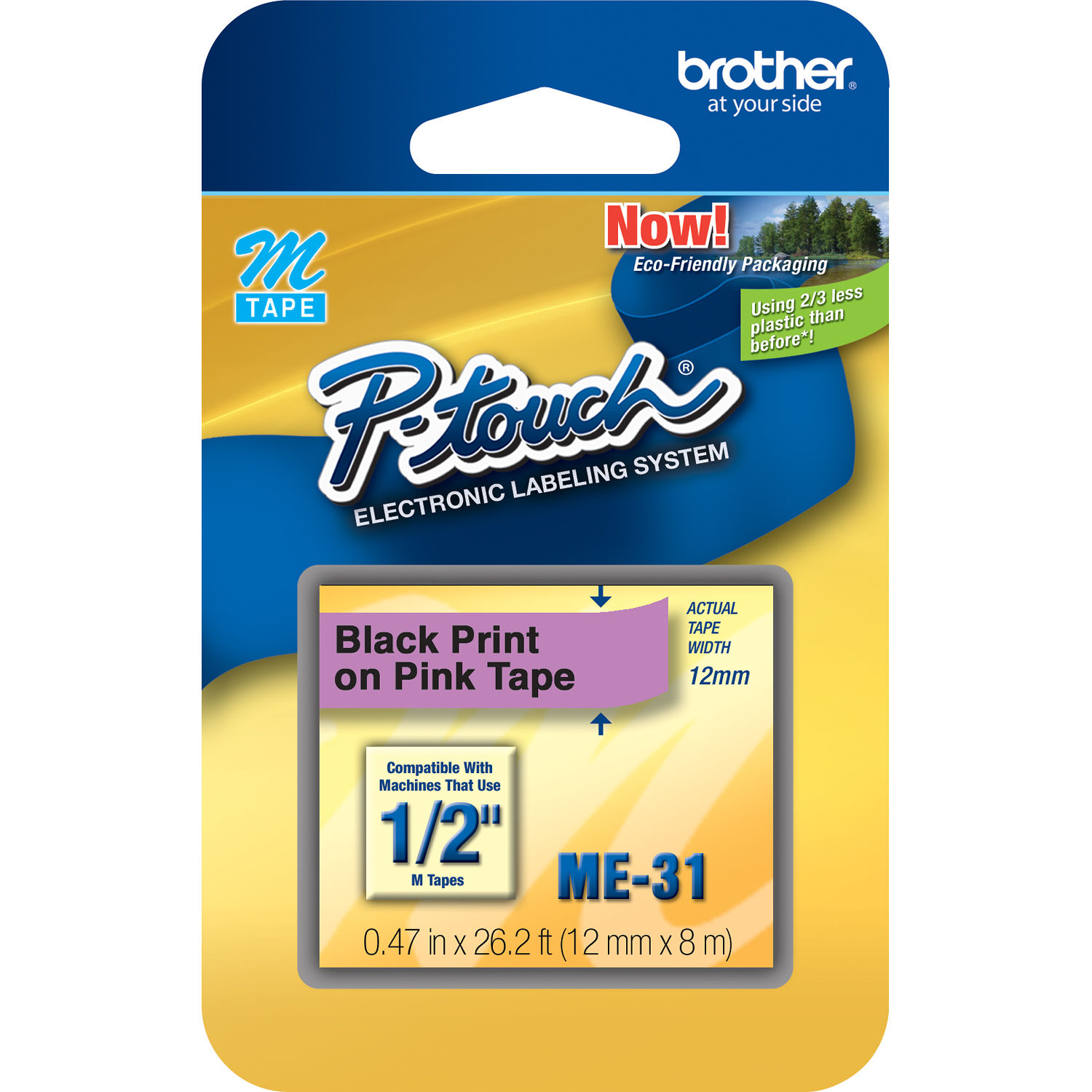 Brother M Labeling Tape (1/2" x 26.2', Black on Pink, One Roll)