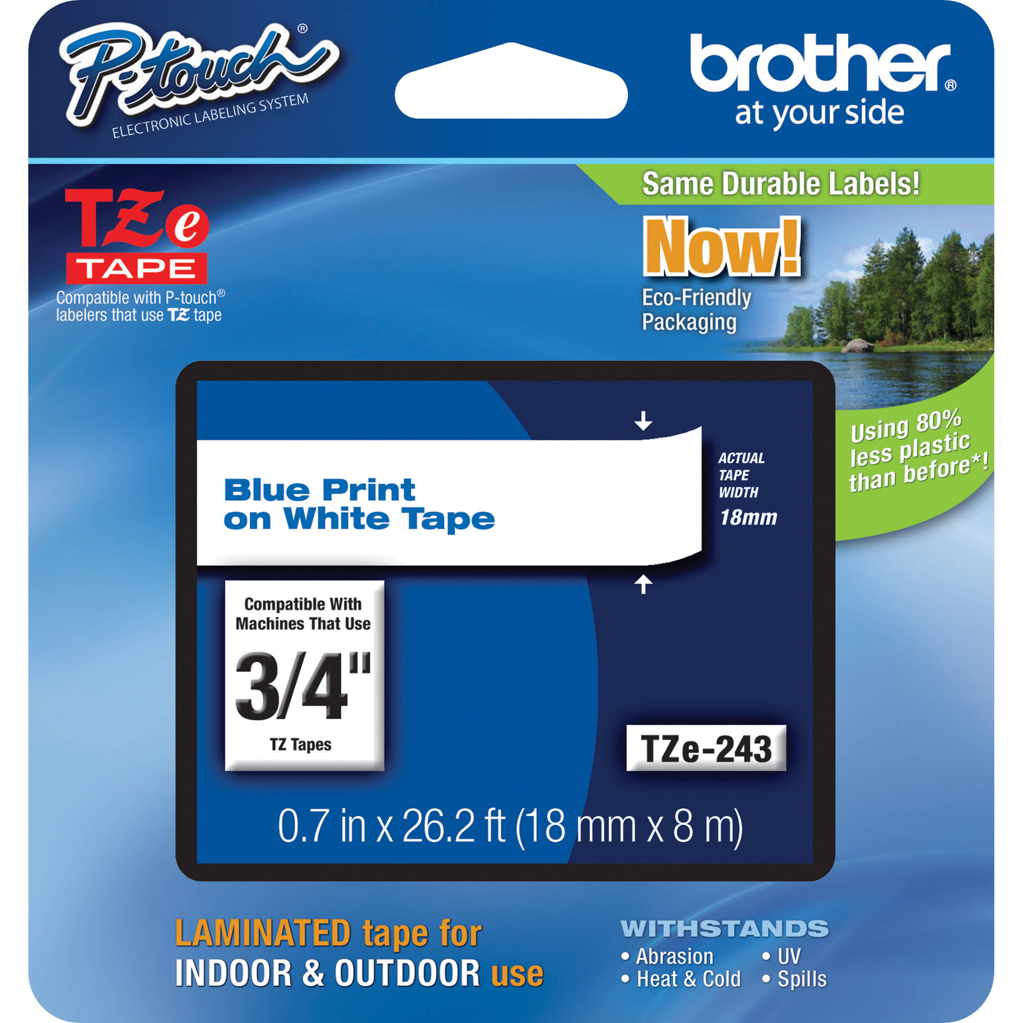 Brother TZe243 Laminated Tape for P-Touch Labelers (Blue on White, 3/4" x 26.2')