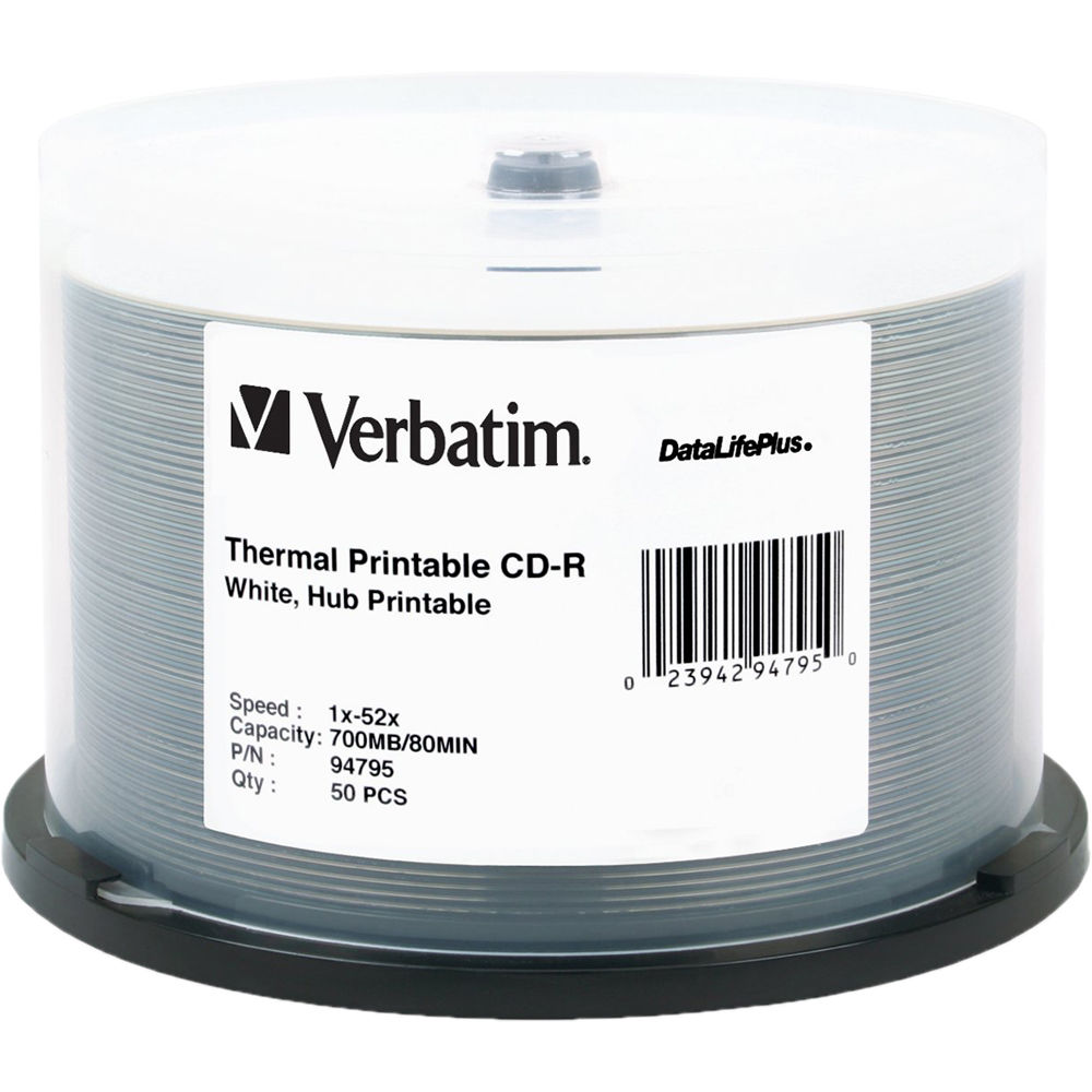Verbatim CD-R 52x Write Once DataLifePlus White Thermal Printable, Hub Printable Recordable Compact Disc (Spindle Pack of 50)