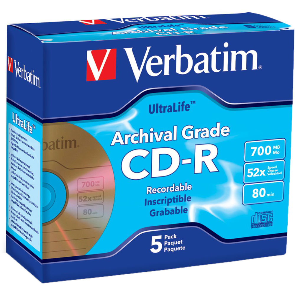 Verbatim CD-R 700MB, 52x, 80 Minute UltraLife Gold Archival Grade, Write-Once, Recordable Disc (Jewel Case Pack of 5)