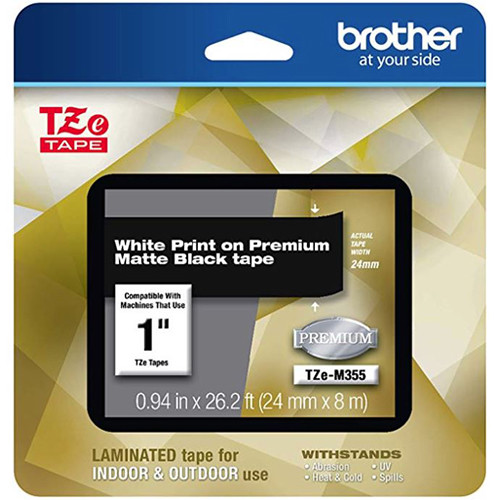 Brother Laminated Tape for P-Touch Label Makers (White on Matte Black, 1" x 26.2')
