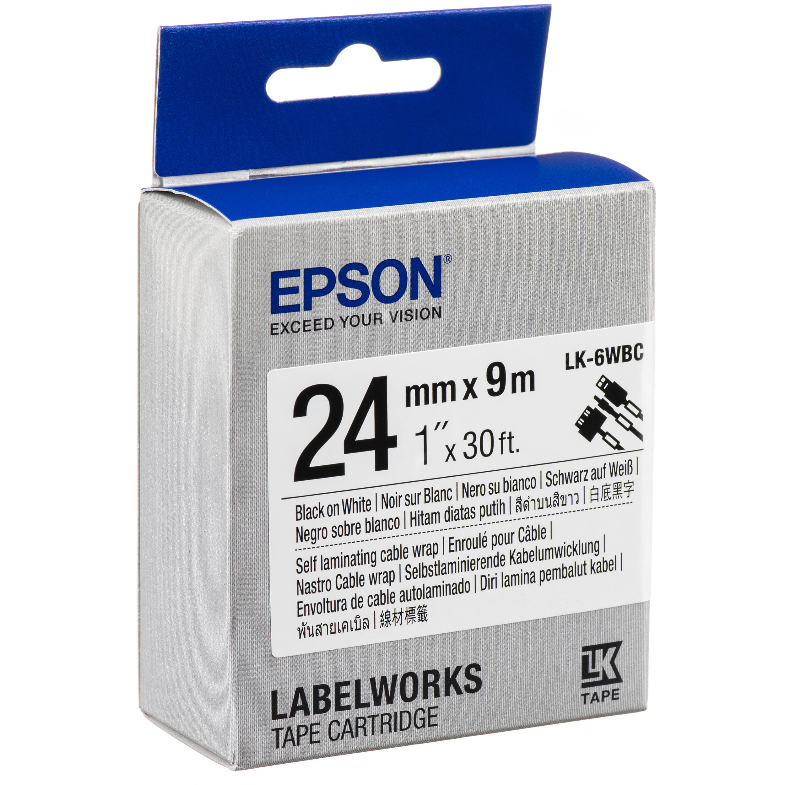 Epson LabelWorks Self Laminating Cable Wrap LK Tape Black on White Cartridge (1" x 30')