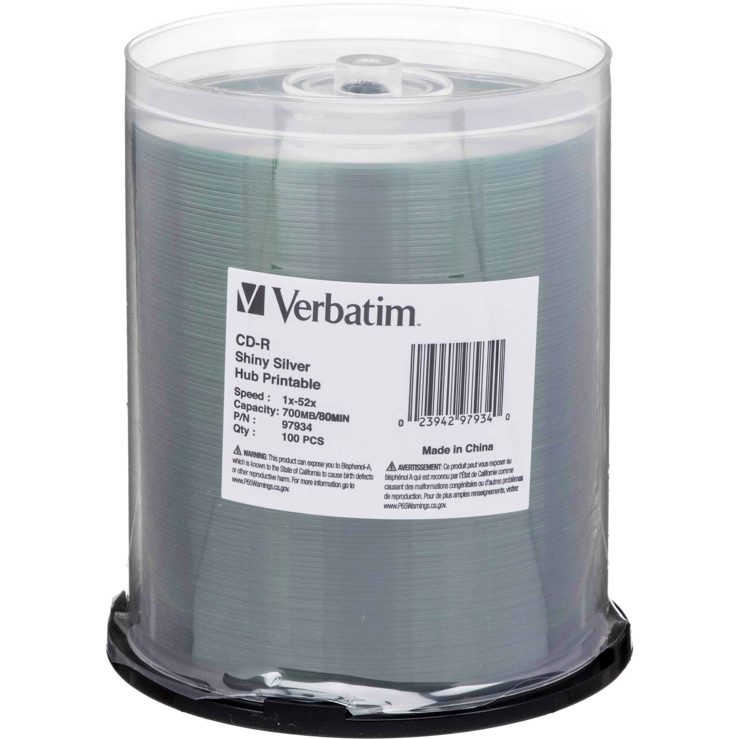 Verbatim Shiny Silver & Hub Printable CD-Recordable Discs (Spindle 100-Pk)